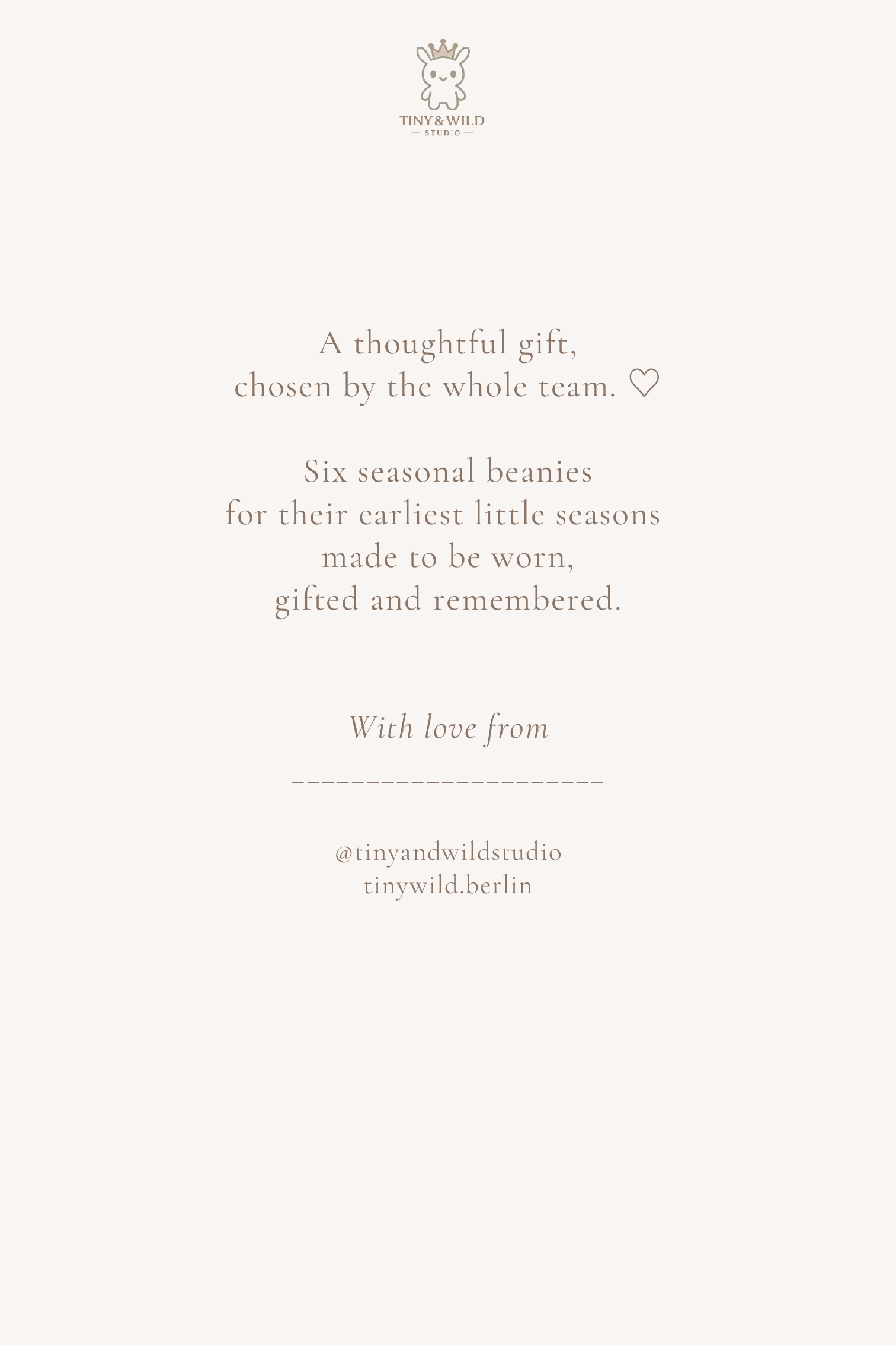 Tiny & Wild team gift card reading A thoughtful gift, chosen by the whole team